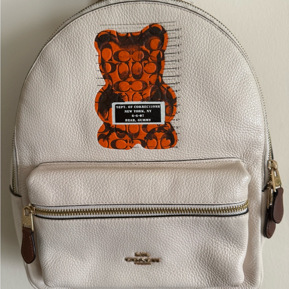 Coach Cream Pebbled Leather Backpack with Orange Bear Patch